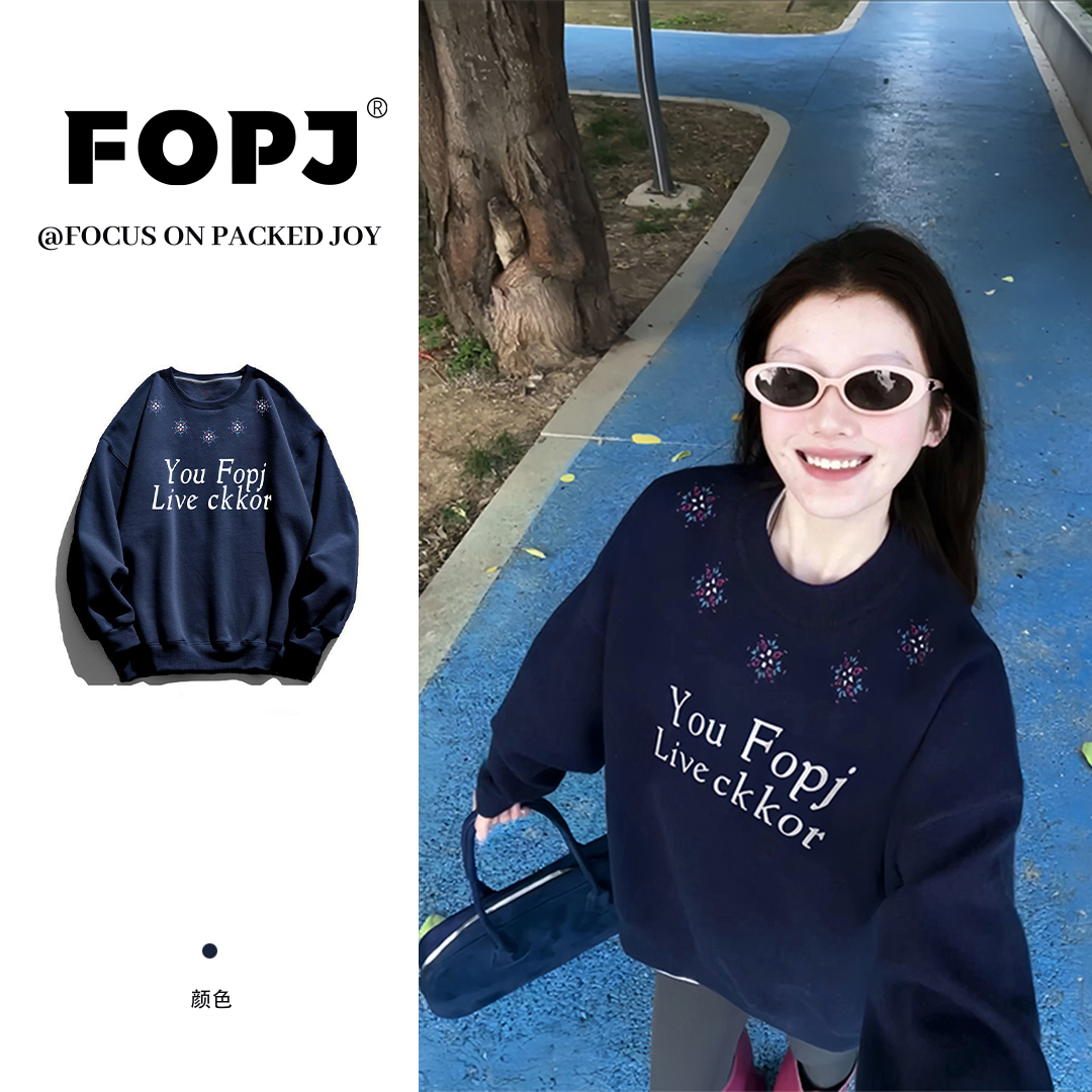 FOPJ美式慵懒风圆领卫衣女春秋时尚印花高街长袖加绒加厚宽松外套