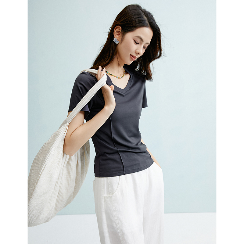【断码清仓】2025夏短袖V领弹力T恤衫女25042108