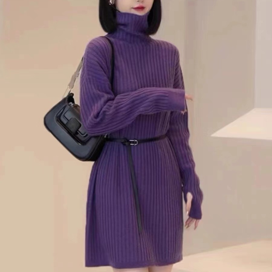 高冷酷飒韩版高领毛衣内搭连衣裙女2025秋冬加大慵懒风腰带中长针