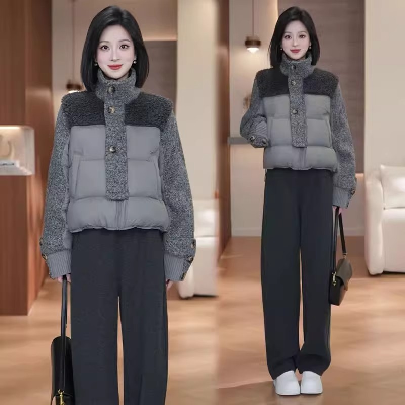 羊羔毛拼接羽绒棉服女2025冬季新款时髦洋气小个子短款加厚棉袄潮