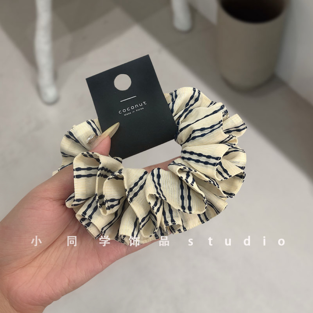 韩国发饰2025新款米白藏青色纯棉麻布艺海军蓝小蛮腰条纹发圈发绳
