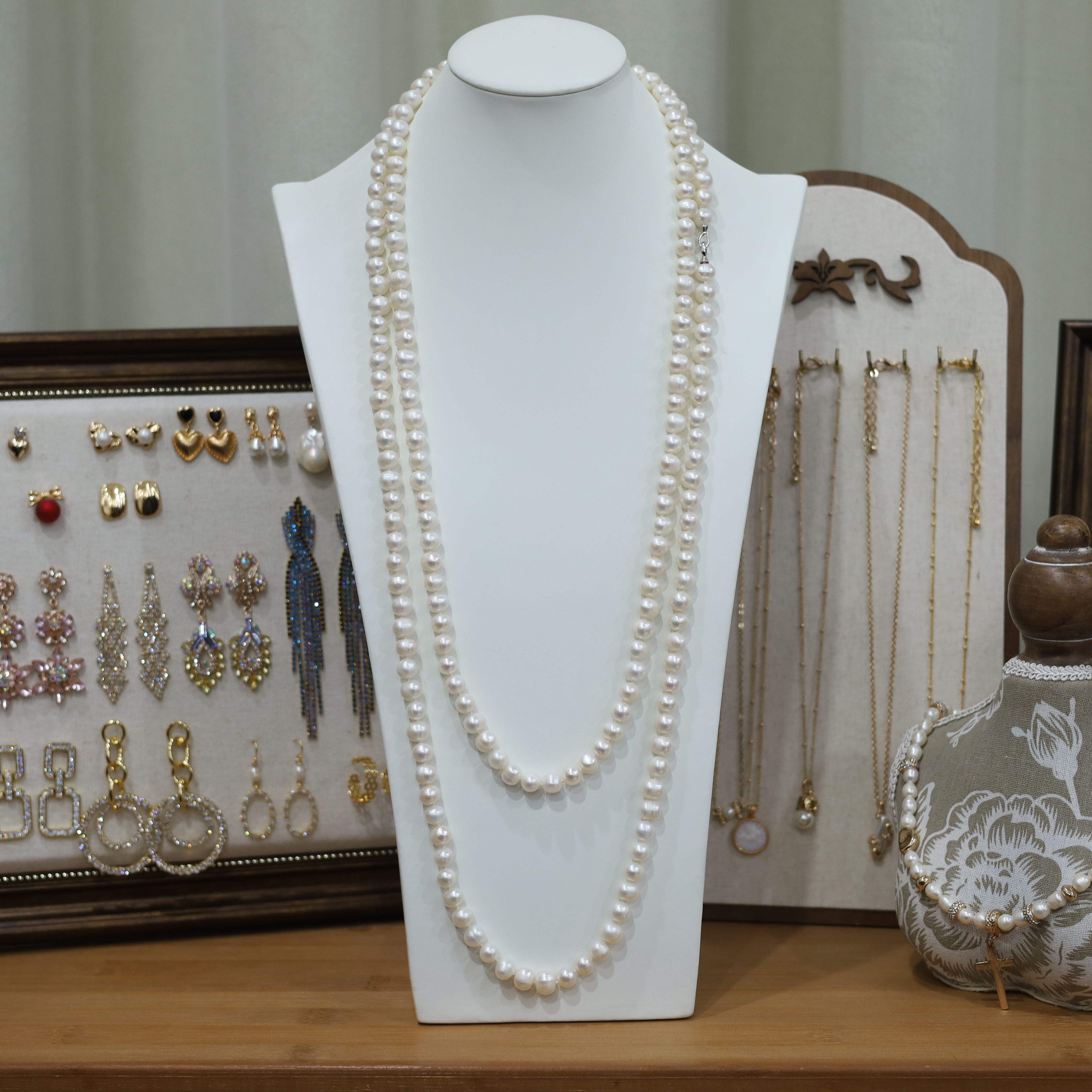 铜合金项链 气质白金毛衣链百搭长款经典妈妈精致优雅珍珠项链