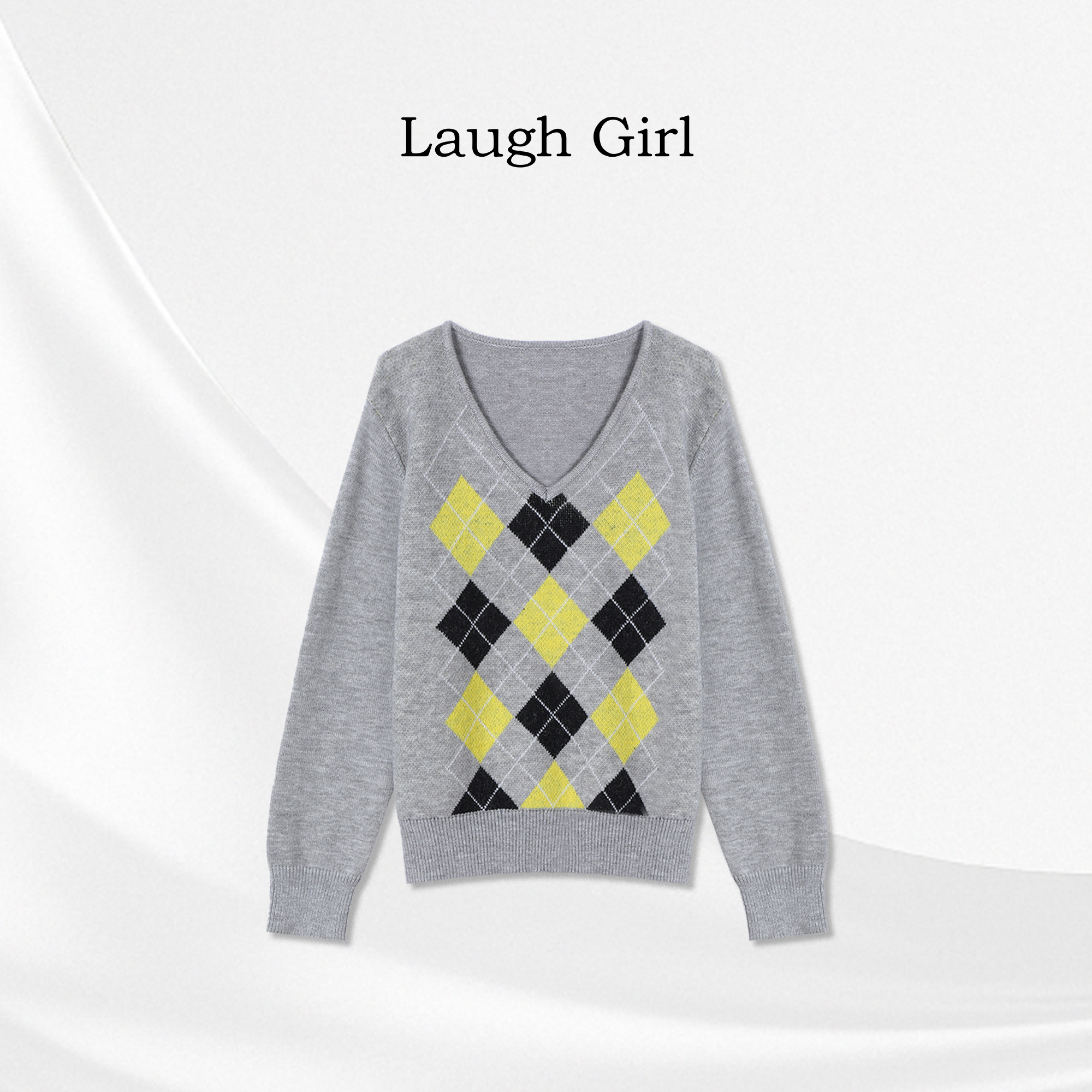 楚楚君 Laugh girl【甜奏菱格】时尚V领菱形格针织毛衣XL531013J