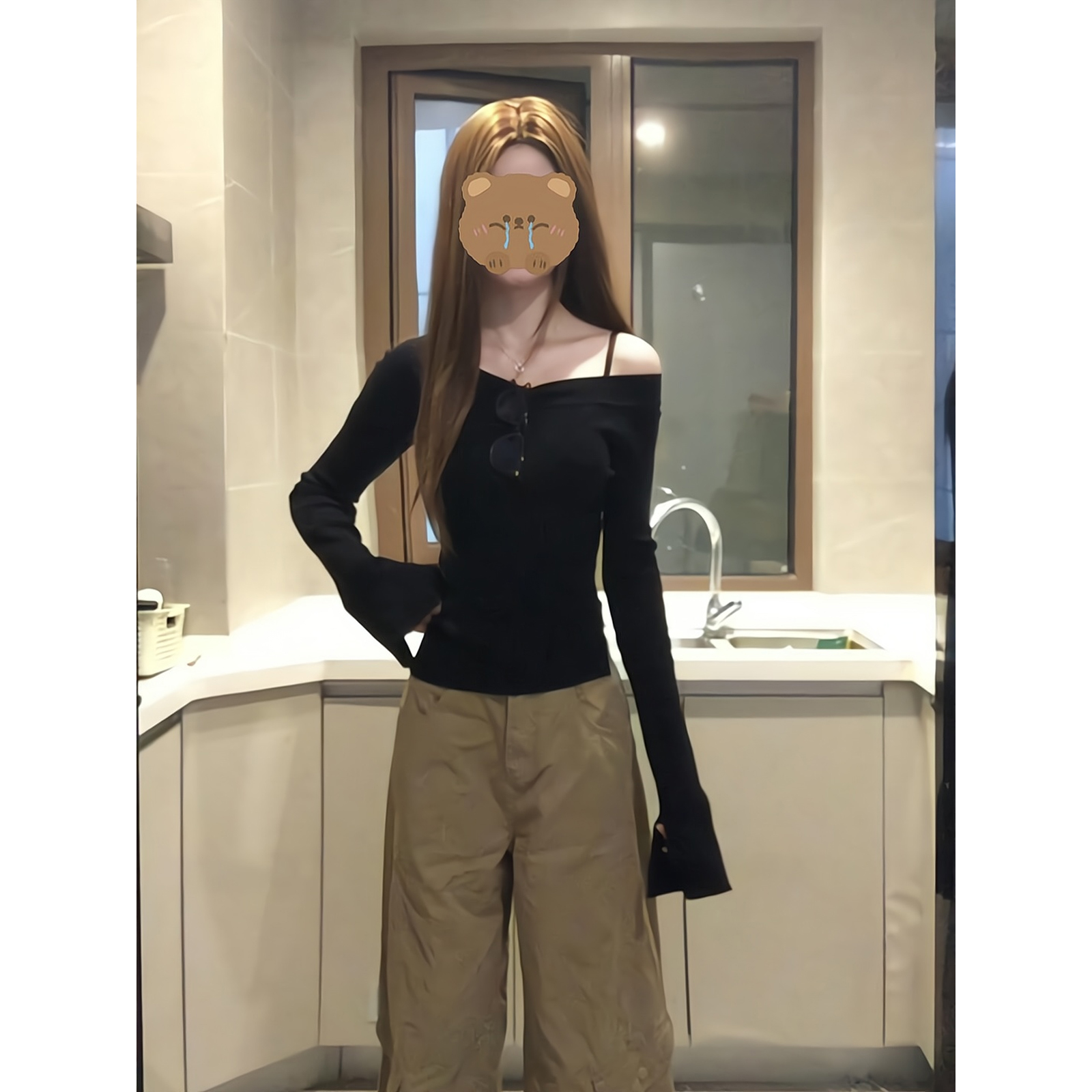 黑色一字肩针织打底衫修身显瘦露肩上衣口袋弯刀工装裤百搭阔腿裤