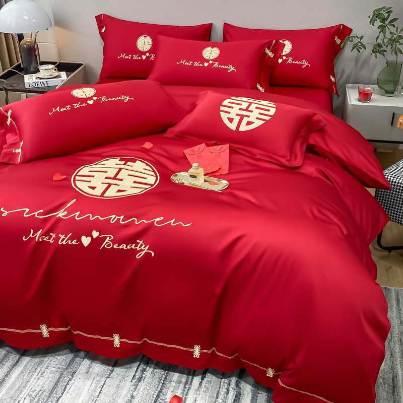 南通高端家纺婚庆四件组喜被牀单被套牀上用品婚庆七件套陪嫁被子