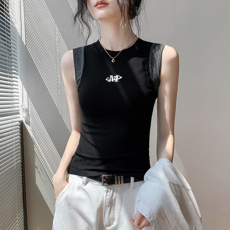 歌倍尚字母印花拼色背心女2025夏季新款修身显瘦外穿辣妹无袖上衣