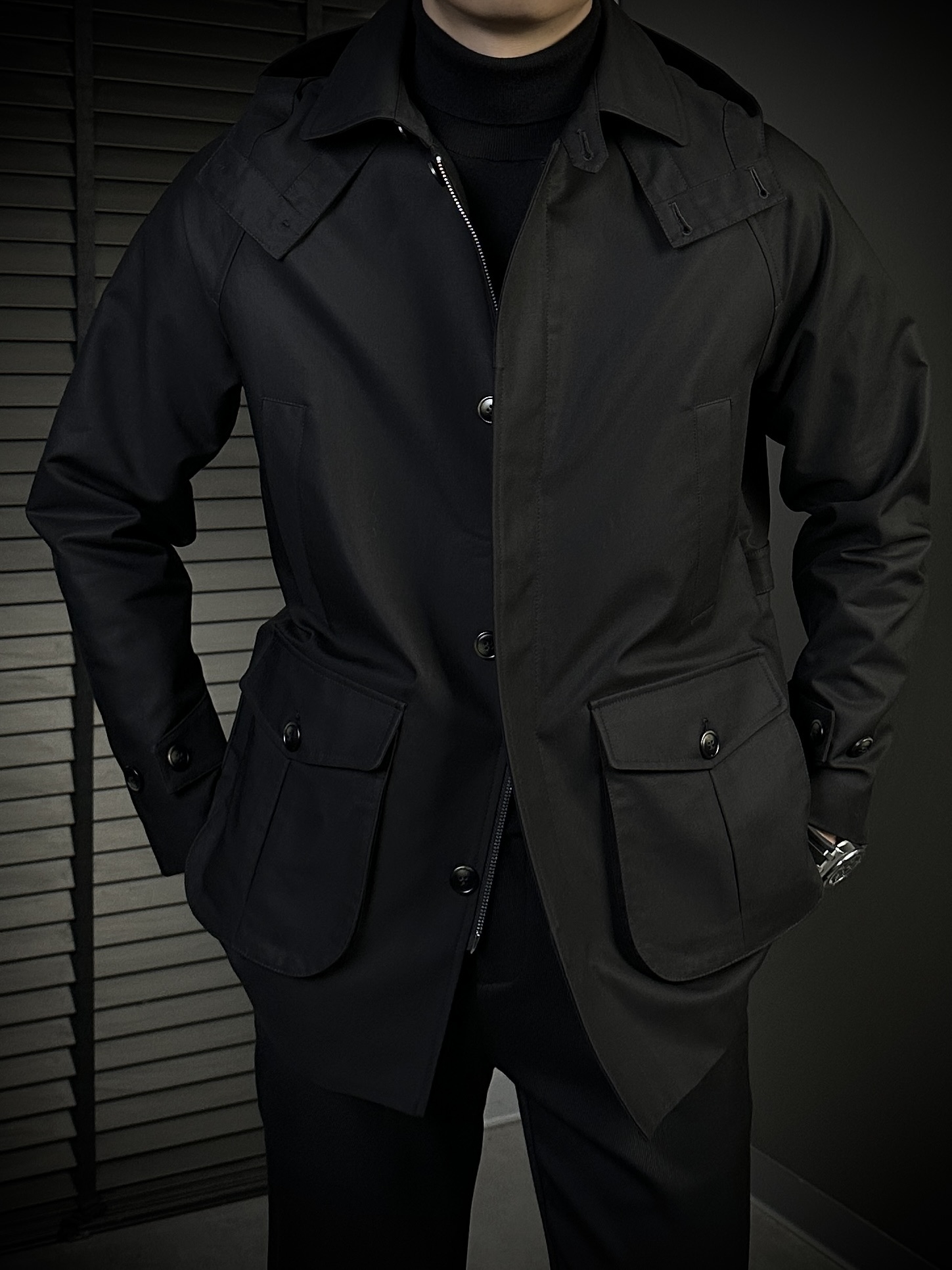 KING&GUCH秋季2025新款男士可脱卸帽中长款猎装夹克2241