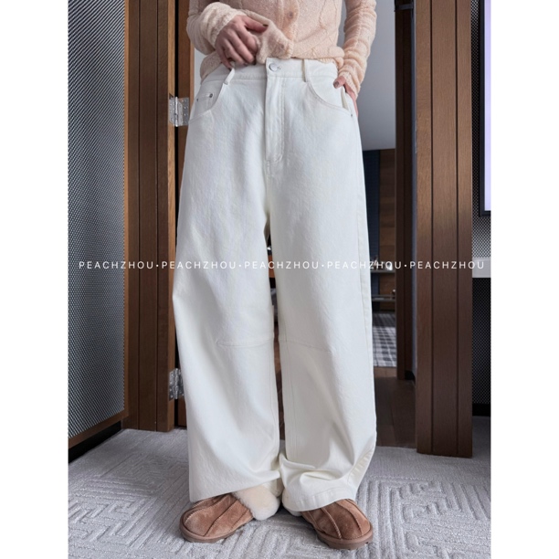 『PEACHZHOU』斜纹棉加绒洗水膝位收省宽松直筒休闲裤系扣阔腿长裤