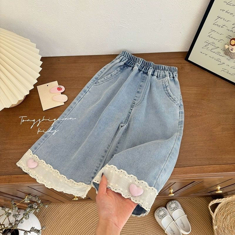 【热推爆款】女童夏季薄款七分裤儿童牛仔裤2025新款花边阔腿裤宝宝
