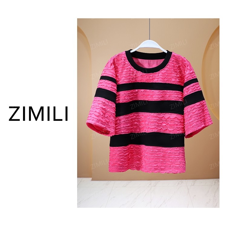 【亮哥女装】2025欧版设计师款洋红色撞色拼接条纹气质短袖9701-C1