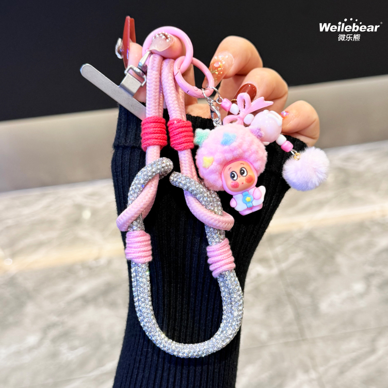 植绒公仔手机挂绳编织手绳满钻闪亮链条个性小挂件挂饰户外防丢绳