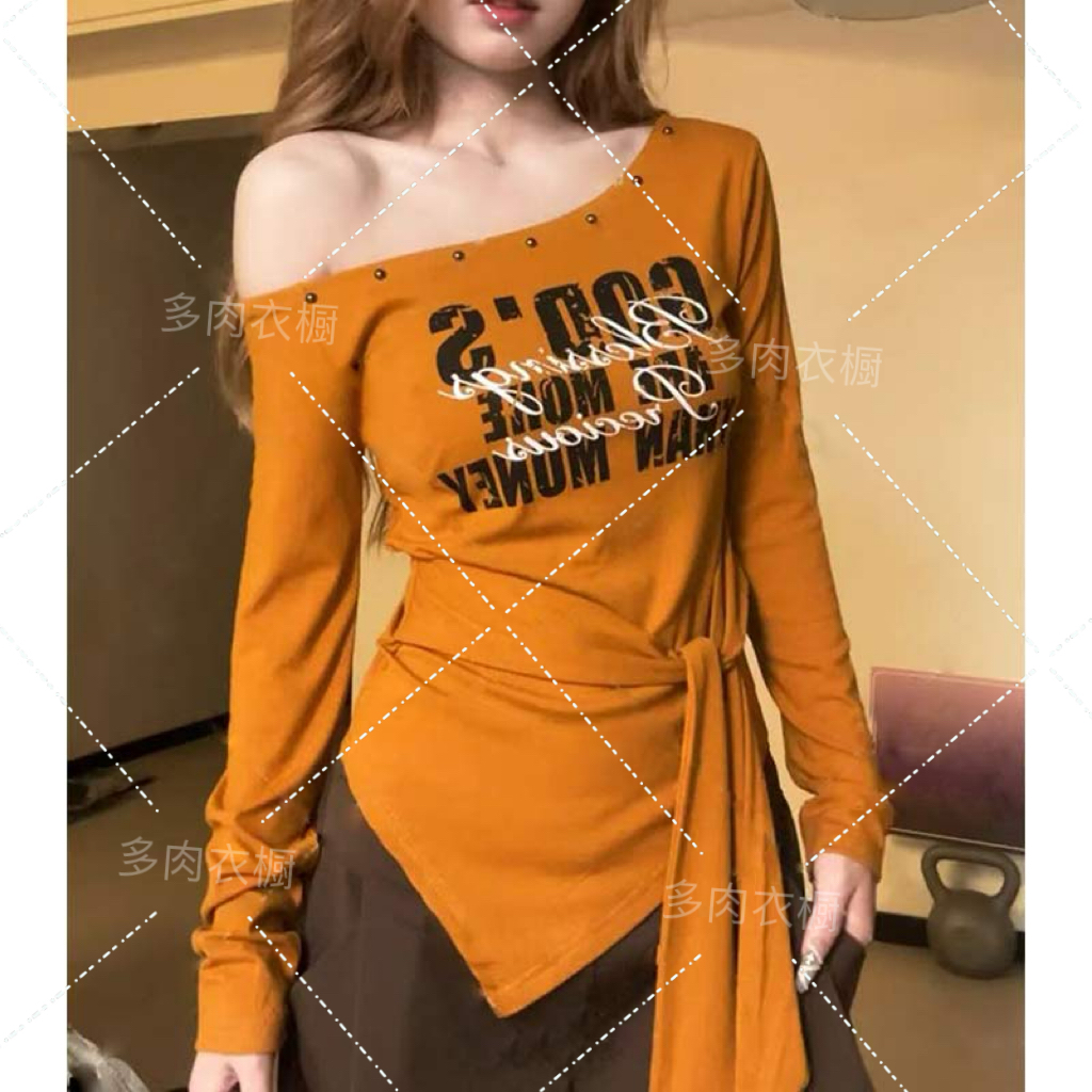 大码胖MM新款气质露肩性感印花绑带长袖上衣女时尚百搭修身