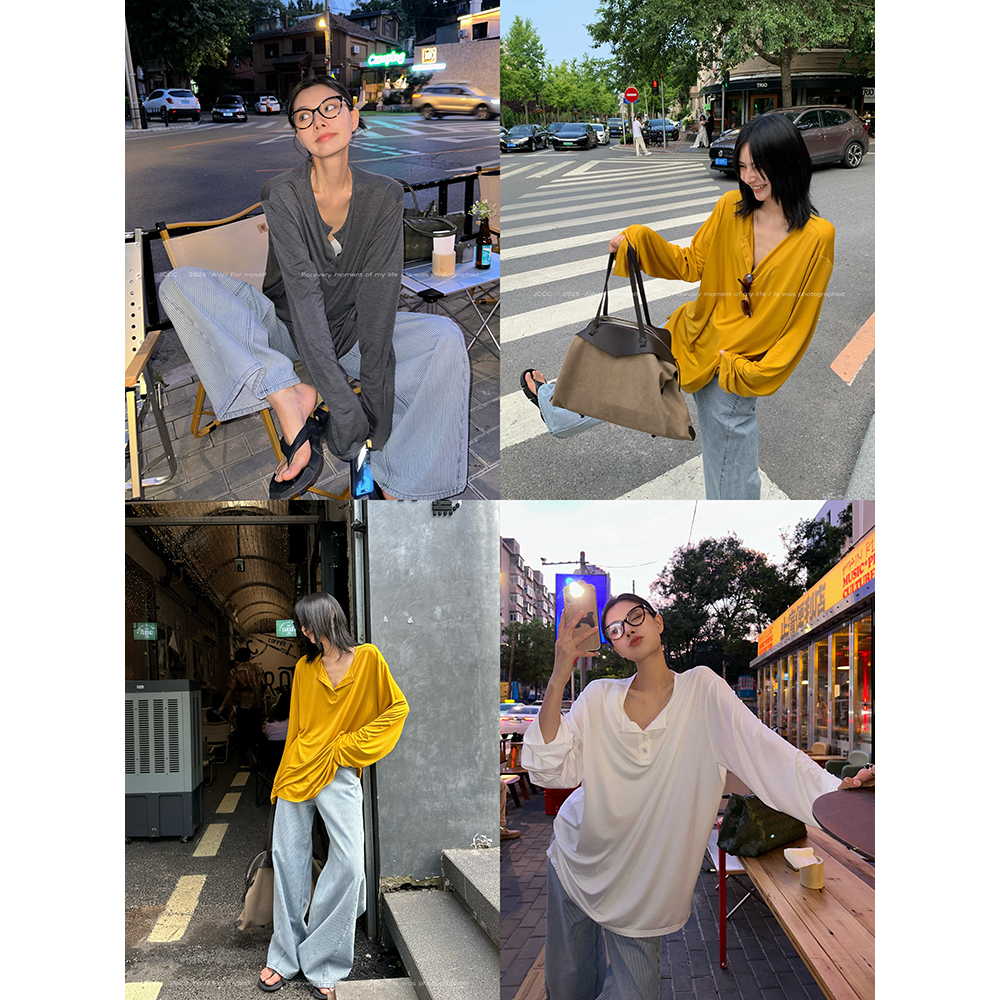 JCCC影子【呼吸配方】四色微落肩亨利领长袖针织T恤JE5BBT19