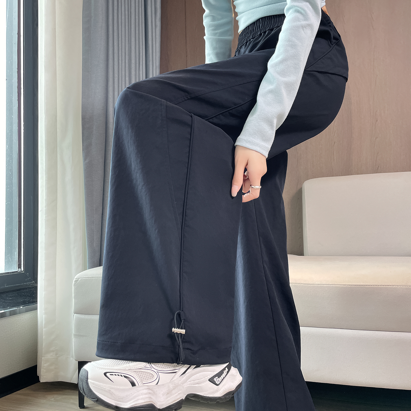 深蓝色美式束脚工装裤女秋季新款酷飒风登山运动裤高腰显瘦阔腿裤