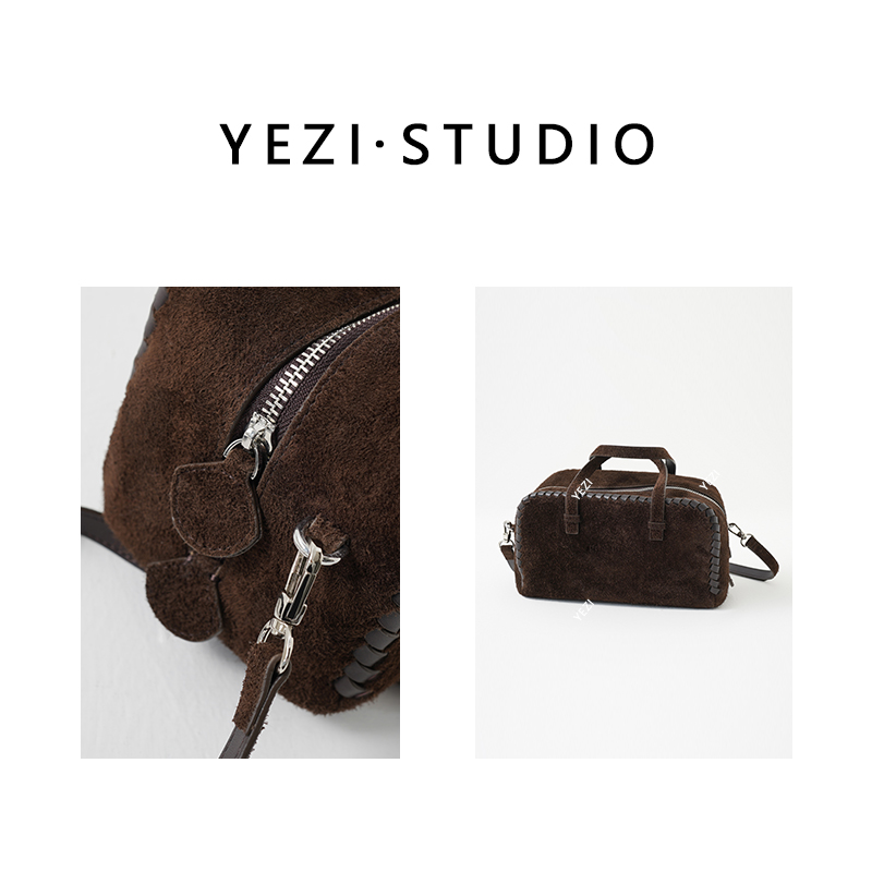 【美术馆】牛反绒复古麂皮编织头层牛皮波士顿保龄球手提包25446025