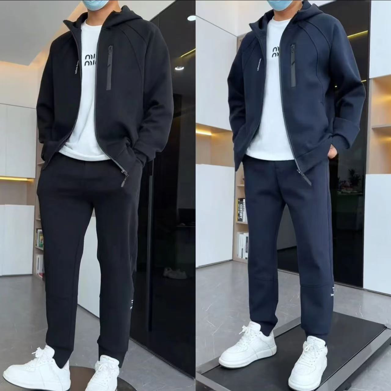 【明哲】春季新款男士刺绣休闲两件套时尚潮流百搭连帽外套运动套装