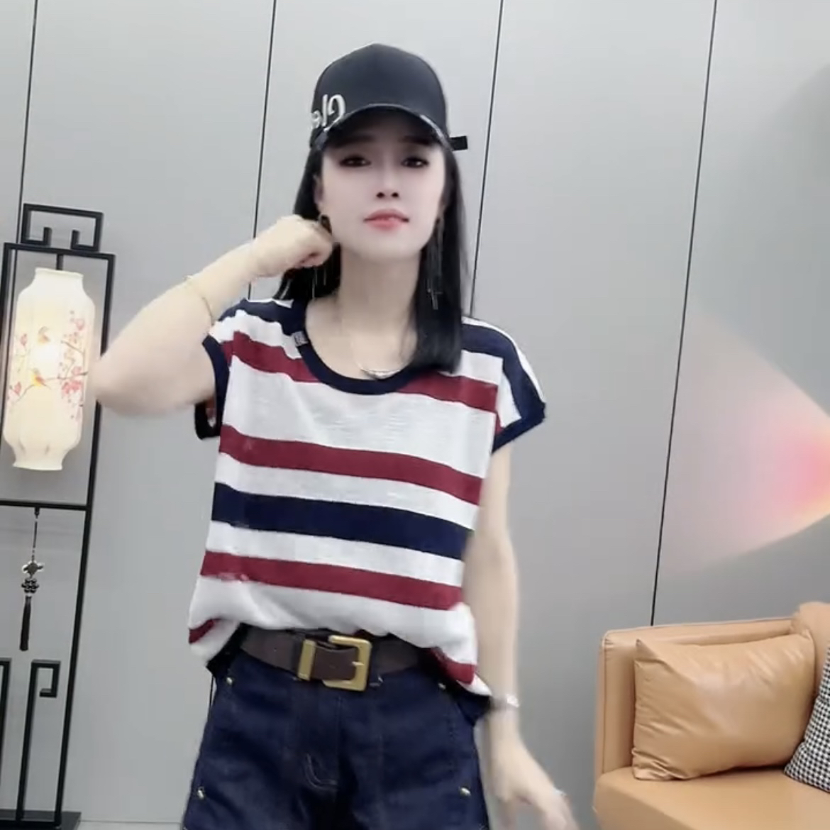 上衣条纹圆领洋气针织衫撞色条纹提花针织衫毛针织衫显瘦气质时尚