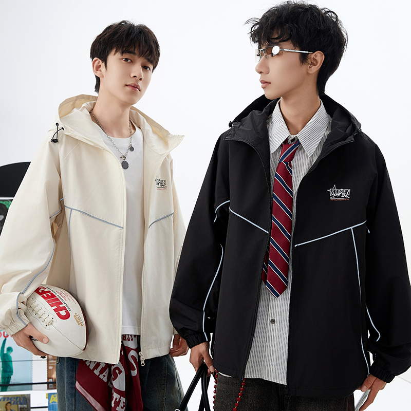 秋冬新款休闲连帽外套潮流工装宽松男生百搭户外夹克冲锋衣开衫