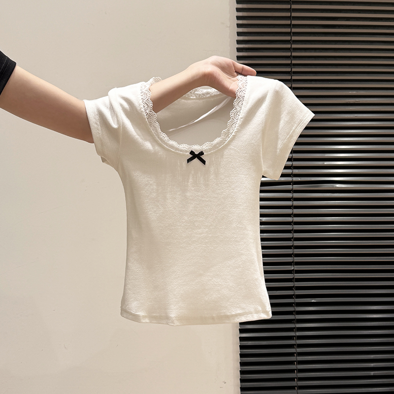 纯欲方领露锁骨短袖T恤女夏季新款蕾丝花边蝴蝶结设计感上衣