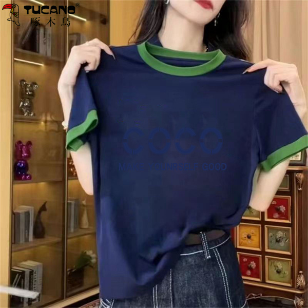 【啄木鳥】纯棉潮牌印花圆领2025春秋短袖宽松T恤新款遮肉 撞色上衣