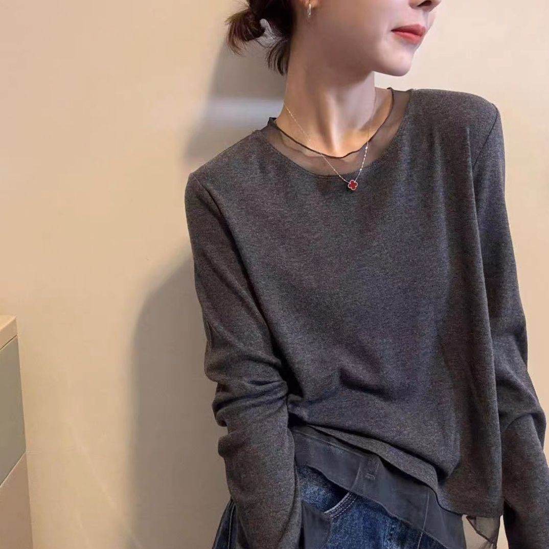 （正版）韩版圆领拼纱长袖T恤打底衫女秋时尚百搭弹力时尚休闲上衣