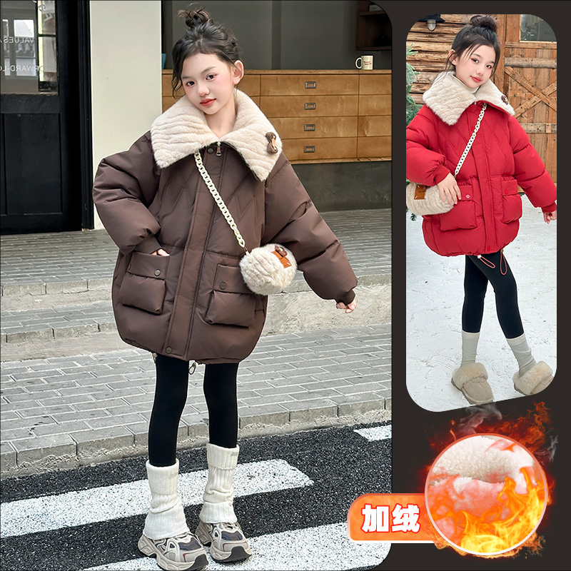 女童冬季时尚休闲大翻毛领手塞加绒保暖棉服外套6~12岁中大童洋气