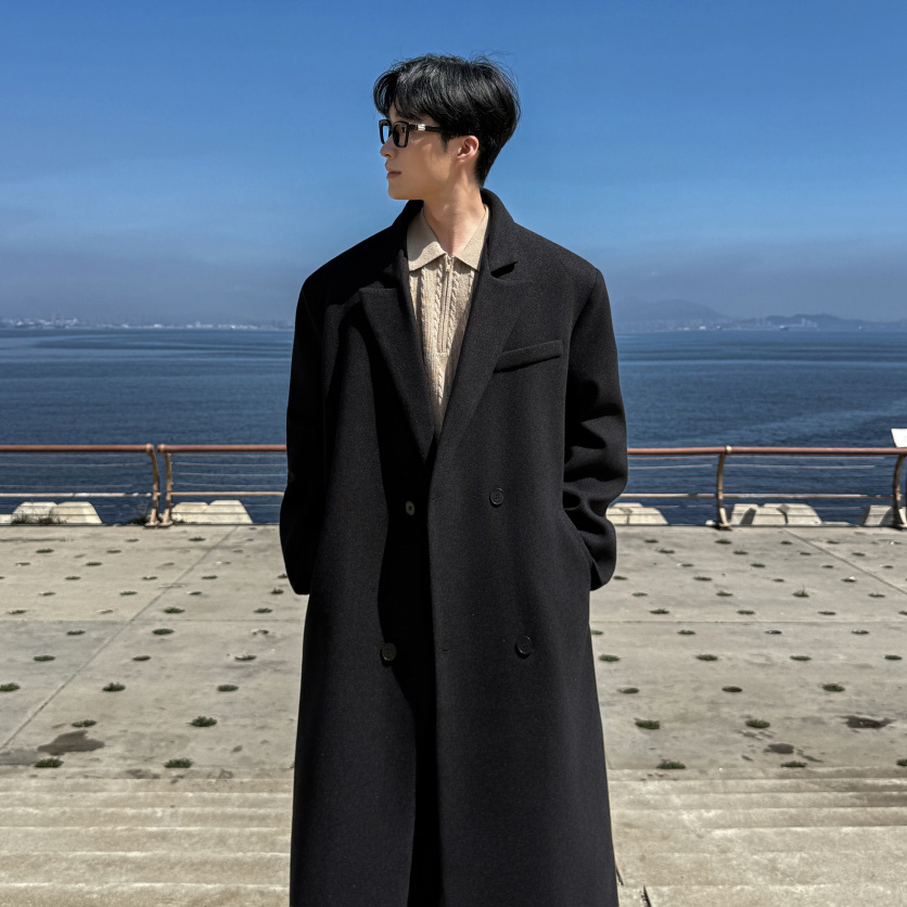 韩系风中长款毛呢大衣男款秋冬季高级感潮牌休闲大码呢子西装外套