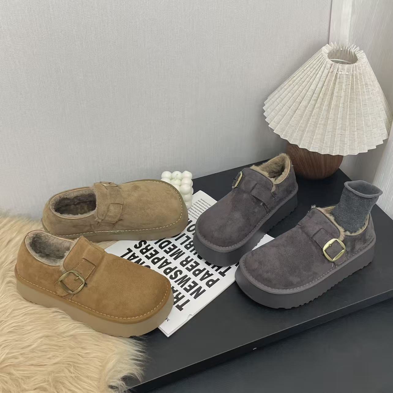 加绒5CM 勃肯鞋冬季新款真皮大头棉鞋女外穿一脚蹬厚底雪地靴增高