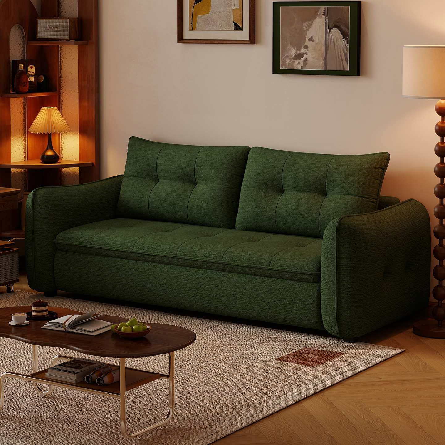 中古风雪尼尔复古布艺直排小户型双三人绿色沙发家用卧室懒人椅