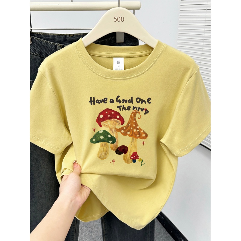 2026新款蘑菇印花正肩短袖t恤女装胖MM大码显瘦时尚设计感上衣服