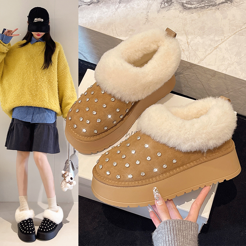 小个子法式厚底加绒半拖勃肯鞋女2025新款冬季保暖防滑雪地棉拖鞋