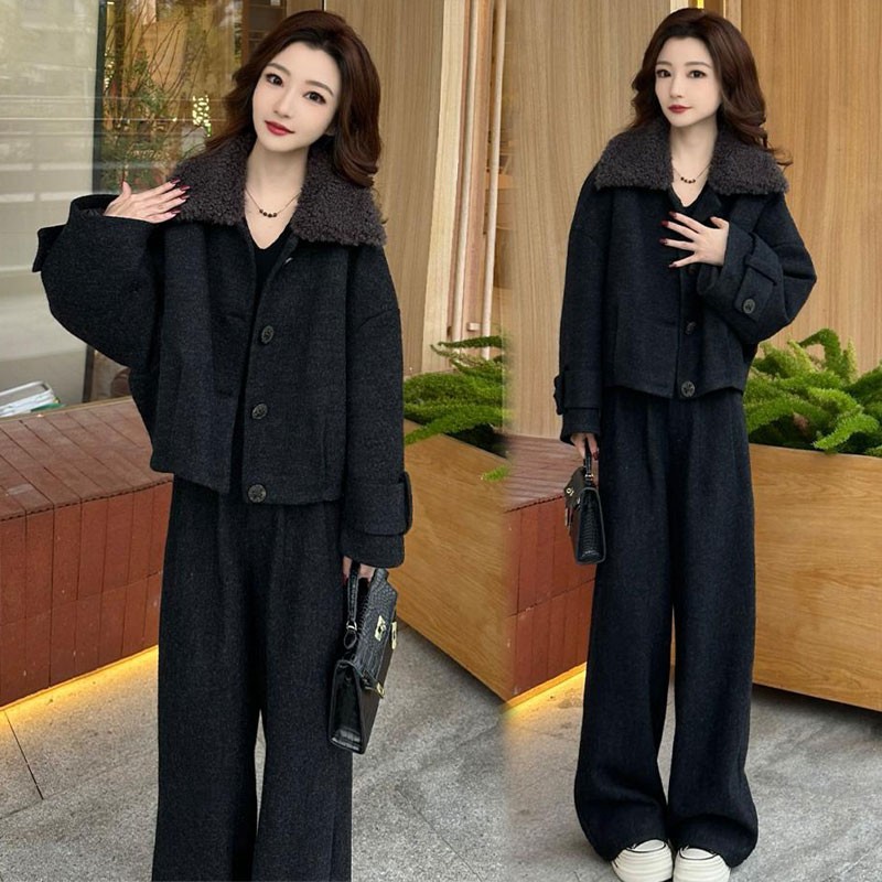 拉夏贝尔套装女2025冬季新款洋气翻领加棉毛呢外套阔腿裤两件套潮