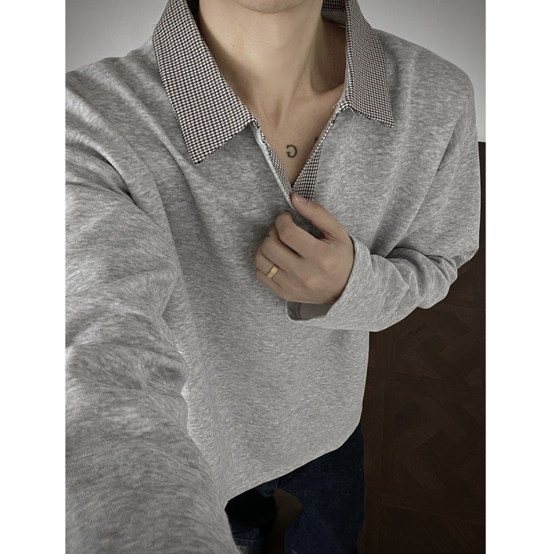 秋季高级感千鸟格拼接长袖T恤男女重磅polo衫卫衣美式内搭打底衫