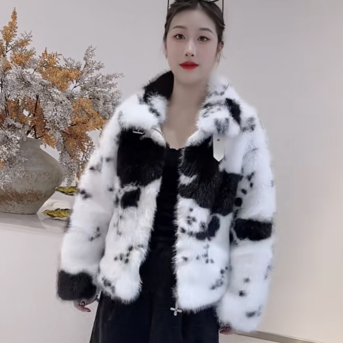 豹纹小翻领可立领毛毛外套