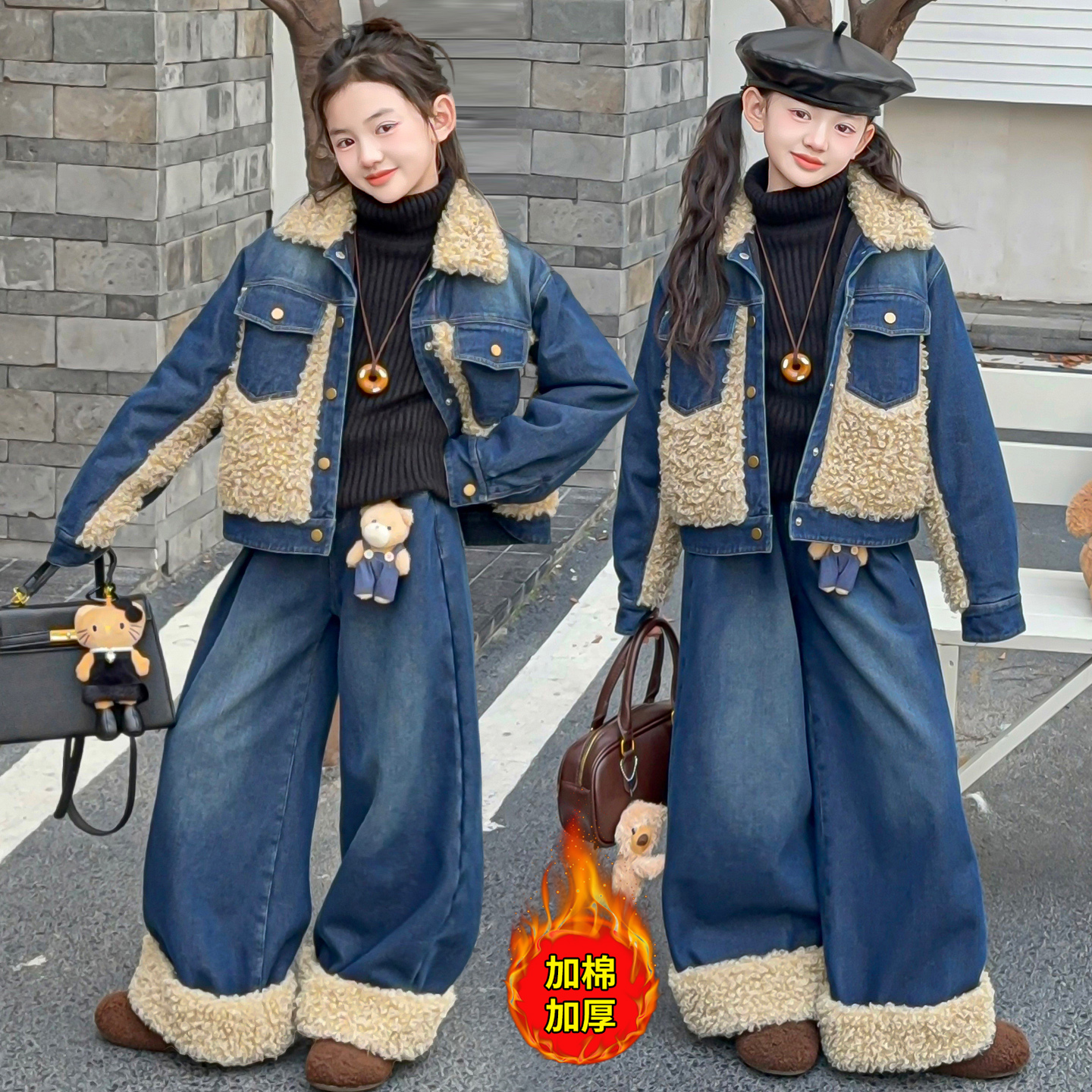 2025冬季做旧复古牛仔羊羔毛拼接棉服外套加绒阔腿裤套装女童两件