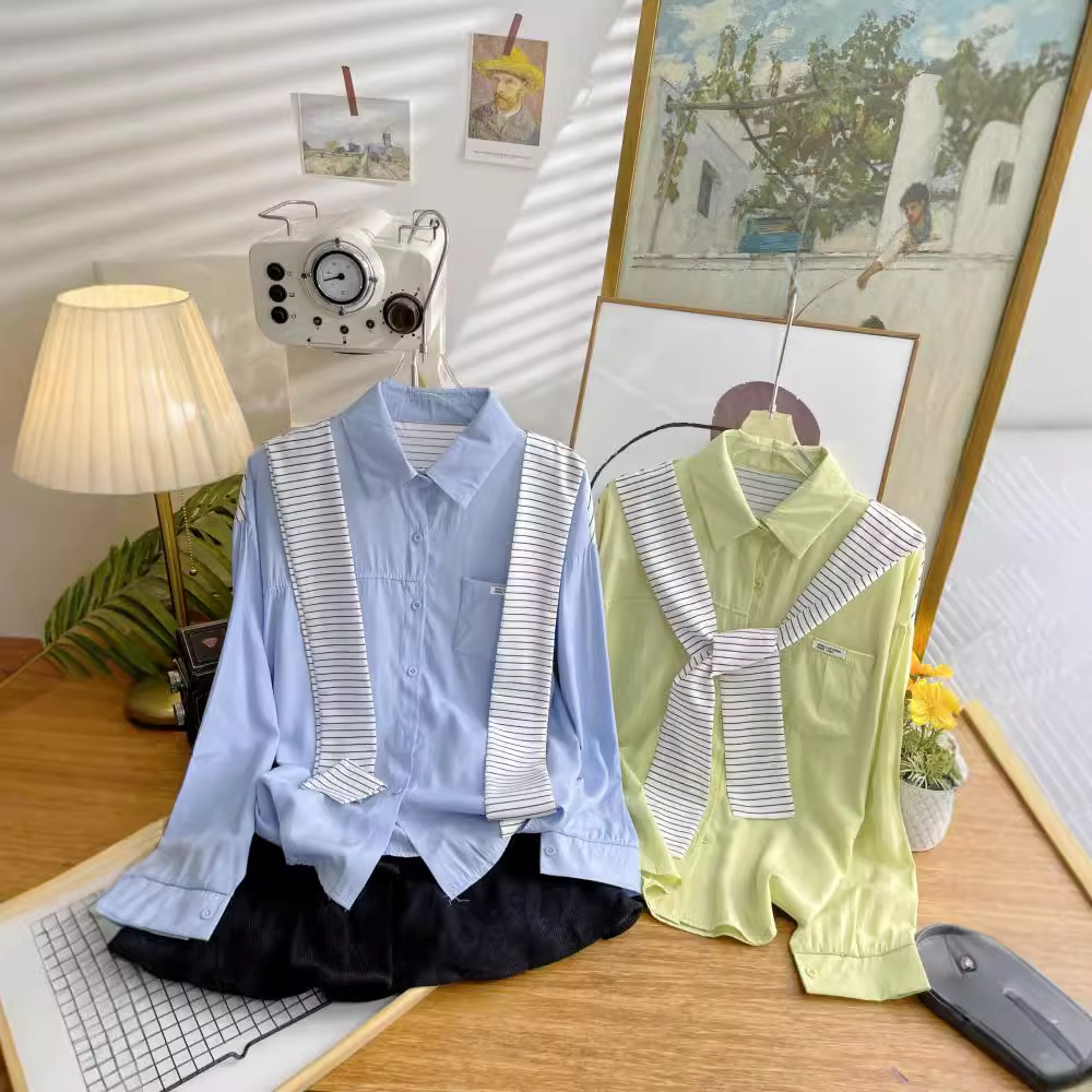 小个子披肩长袖蓝色衬衫女秋季新款日系设计感小众上衣女式衬衫棉