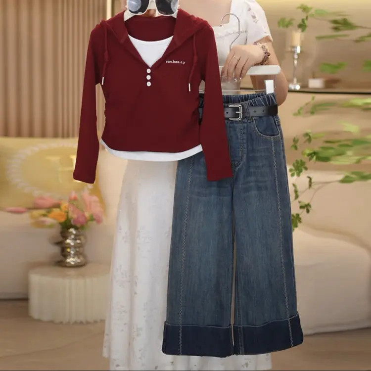 女童秋装套装2025新款儿童连帽针织时髦女孩洋气春秋款牛仔两件套