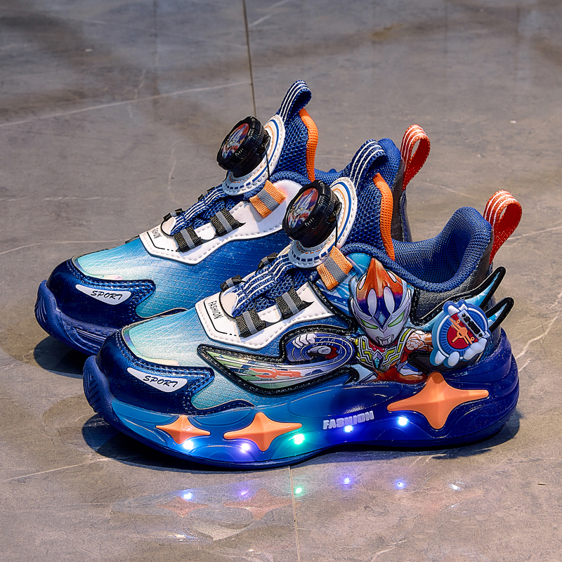 男童秋季新款皮面软底发光亮灯鞋儿童超轻舒适高品质跑步运动鞋