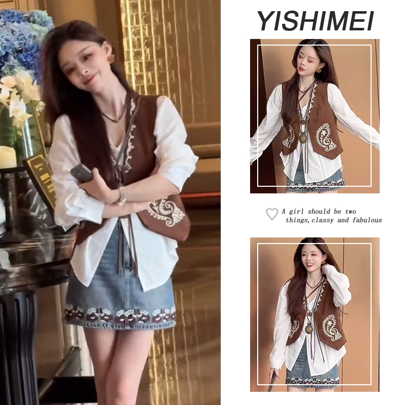 秋装搭配一整套2025年新款韩系百搭长袖衬衫无袖马甲半身裙三件套