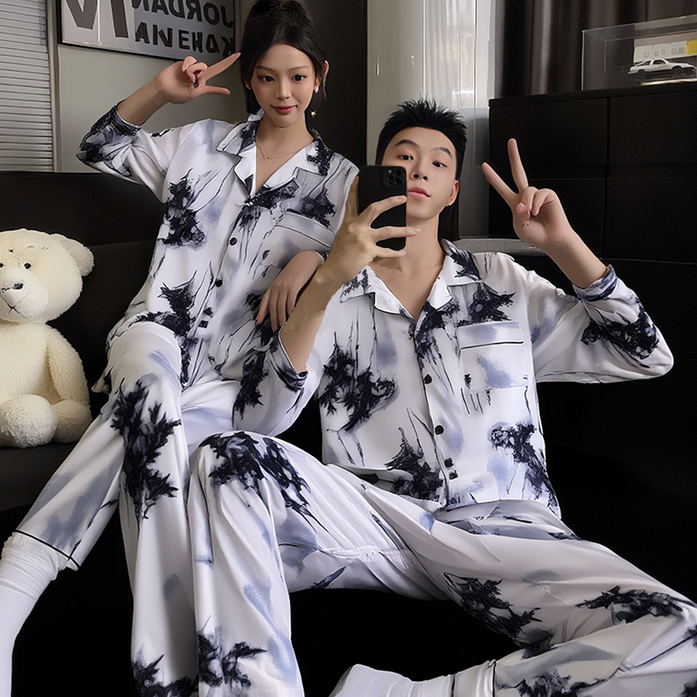 棉质情侣睡衣女薄款春秋季长袖休闲国风大码两件套宽松男士家居服