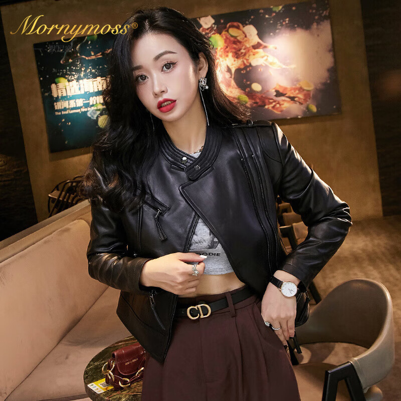 MORNYMOSS品牌真皮皮衣女短款2022年冬季新款机车绵羊皮夹克外套
