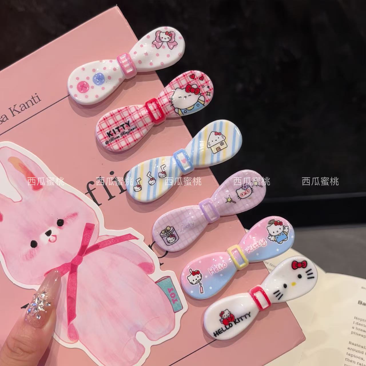 小圆边可爱卡通猫咪蝴蝶结发夹少女印花甜美刘海侧边发卡鸭嘴发饰