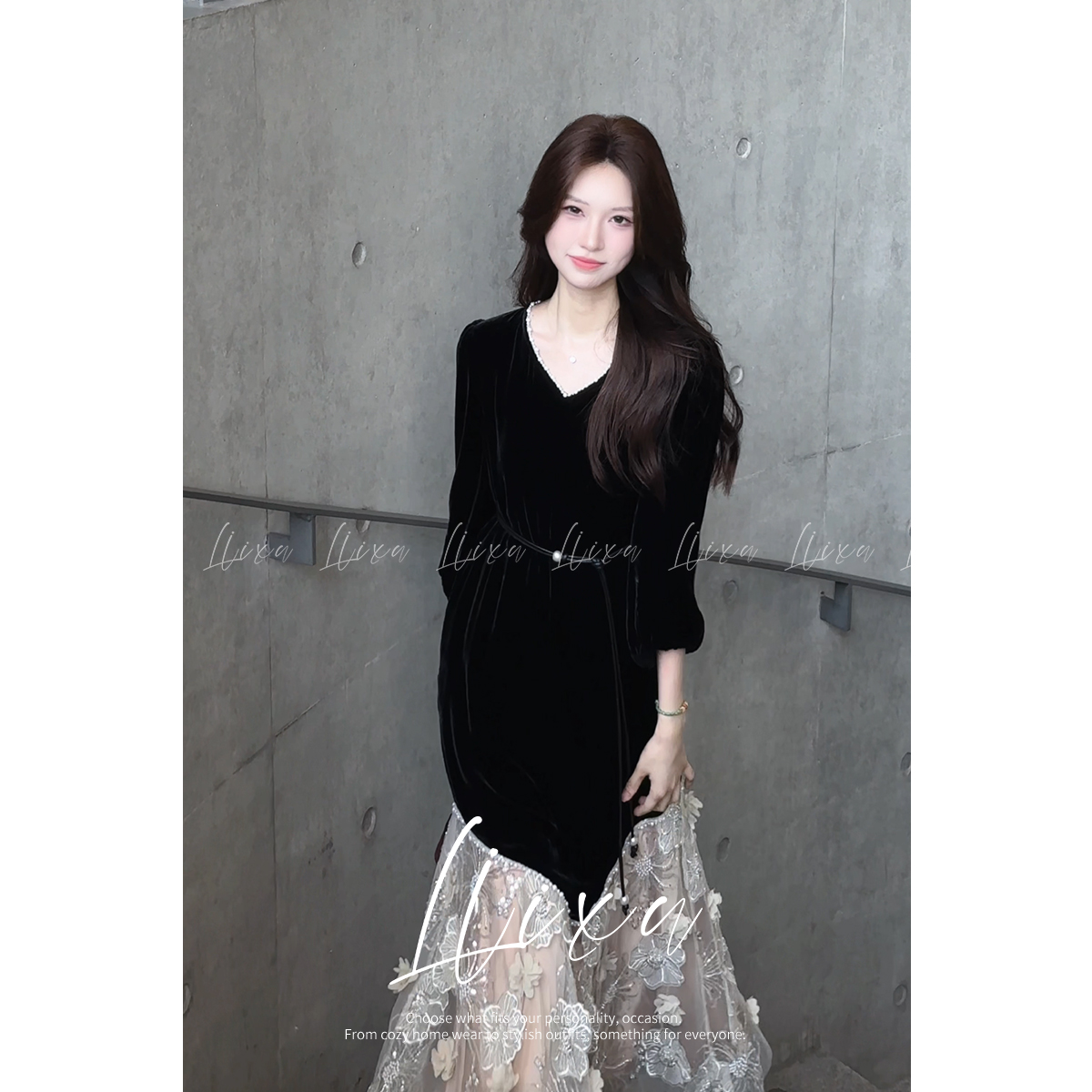 Liixu法式长袖连衣裙女2025新款高级感气质拼接网纱长裙子24Q142