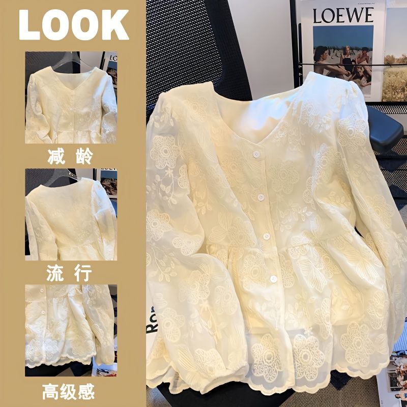 2025甜美V领时尚百搭显瘦蕾丝刺绣宽松气质开衫泡泡袖上衣女法式