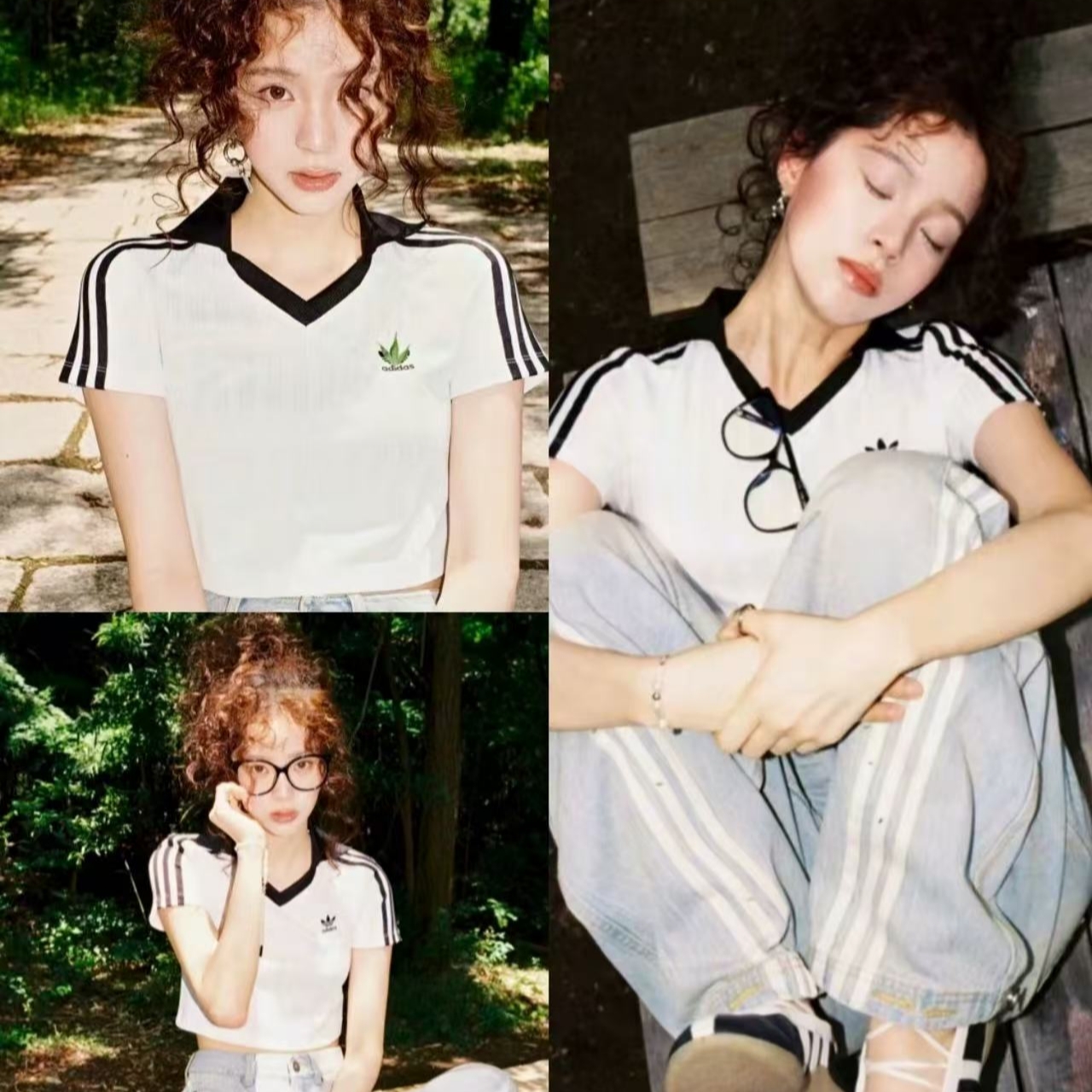 adidas阿迪达斯女子V-NECK POLO流光风针织玩球穿搭短T恤JD2608