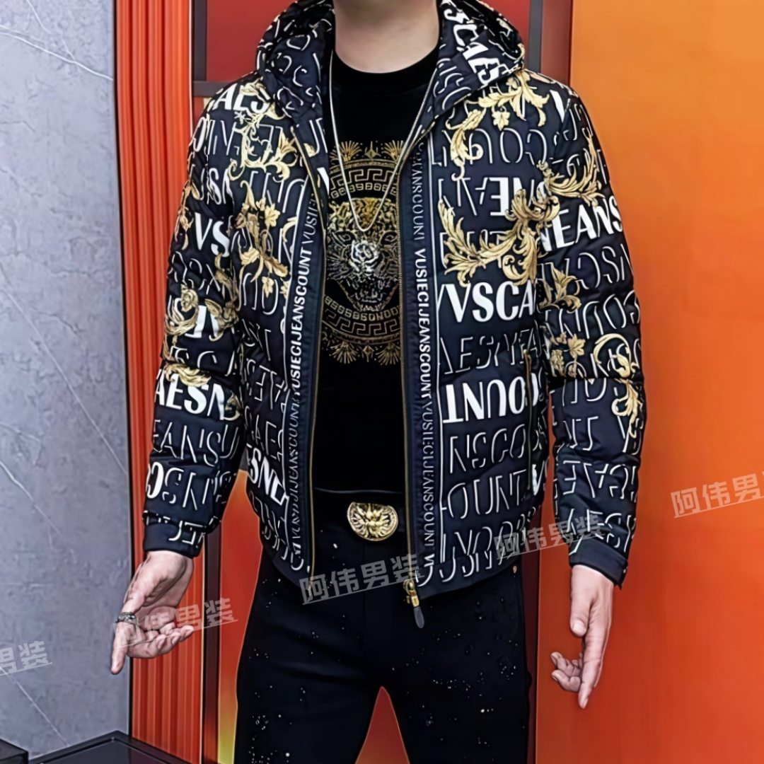 阿伟家冬季男士连帽羽绒服潮流时尚个性印花保暖外套修身帅气上衣