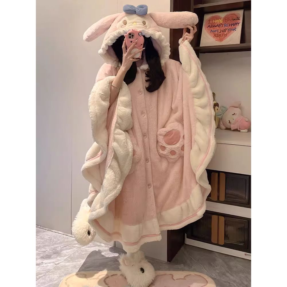 秋冬季斗篷睡袍女珊瑚绒加厚加绒2025新款卡通睡衣连帽冬天家居服