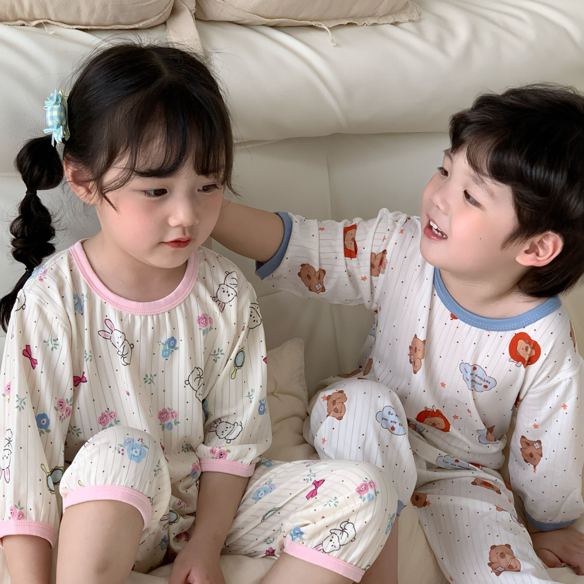 冰丝透气儿童宝宝家居服套装空调服卡通睡衣七分袖童装夏季薄款