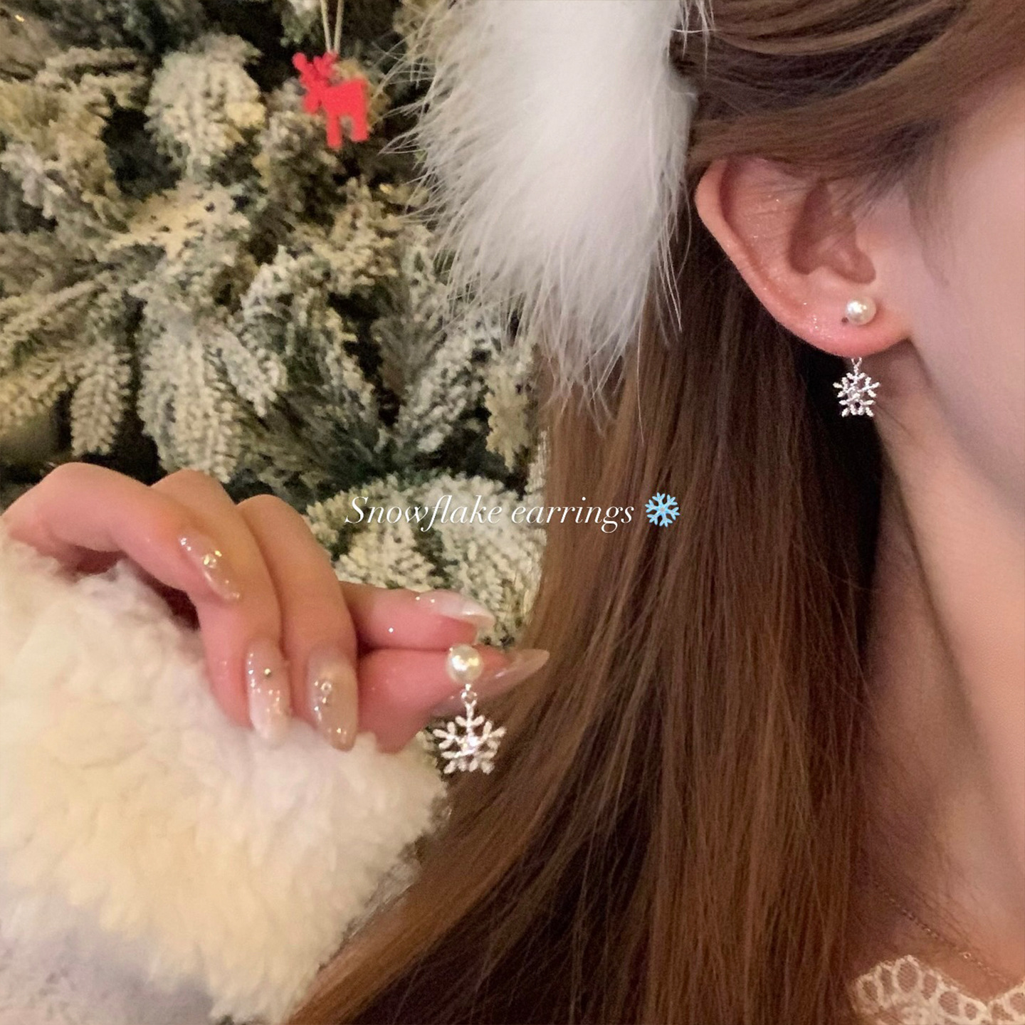 铜合金仿珍珠耳饰 银针雪花珠珠耳钉优雅精致小众耳环百搭耳饰女