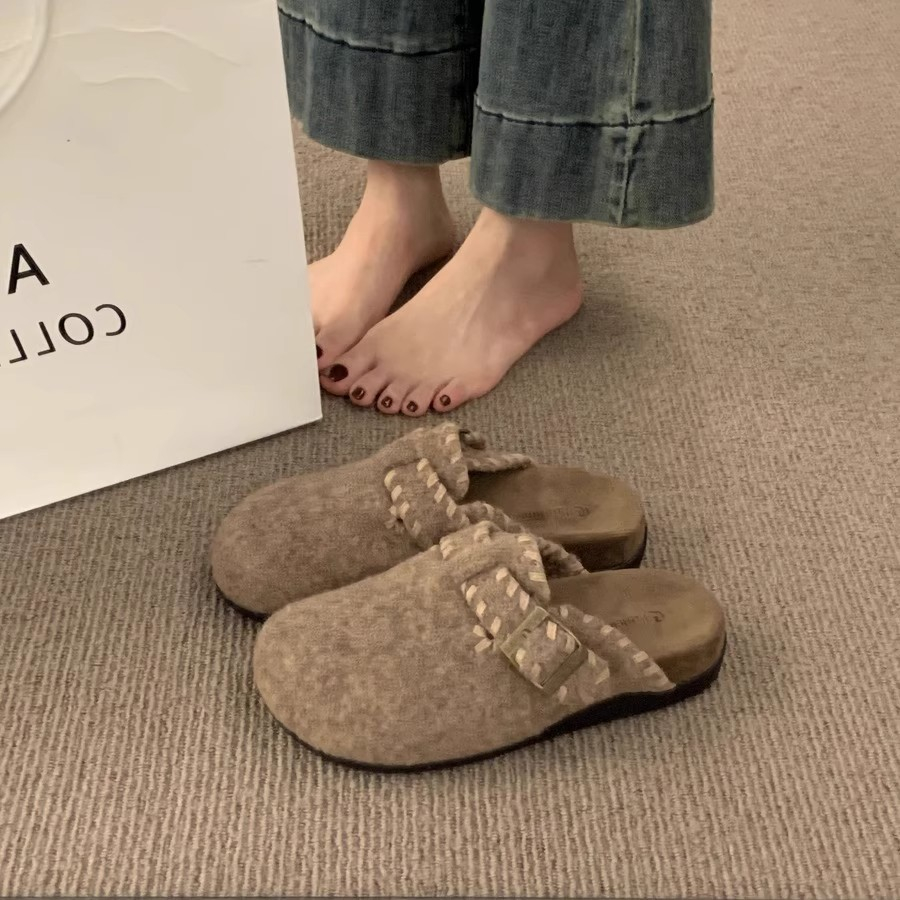 勃肯拖鞋休闲浅口包头拖2025新款复古外穿一脚韩版厚底毛毡雪地靴